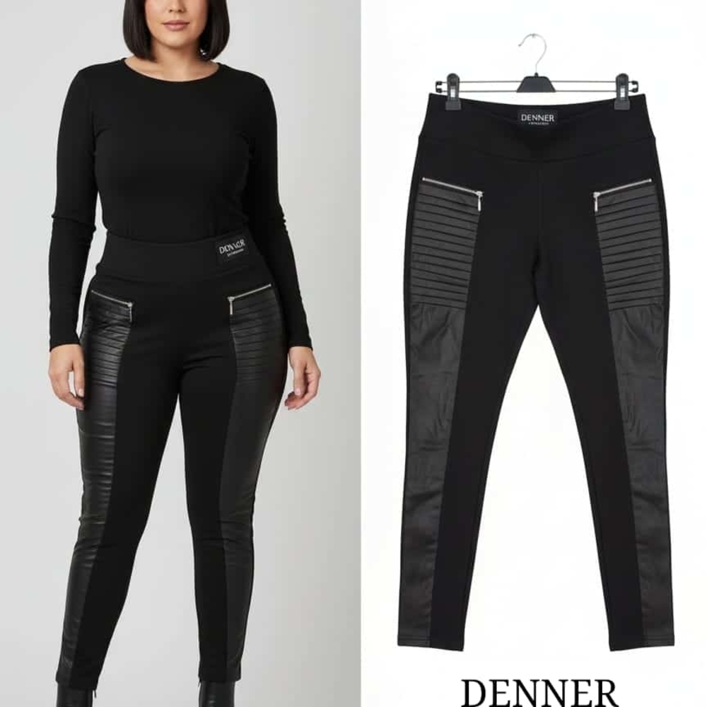 Women's Black Leggings with Leather Accents